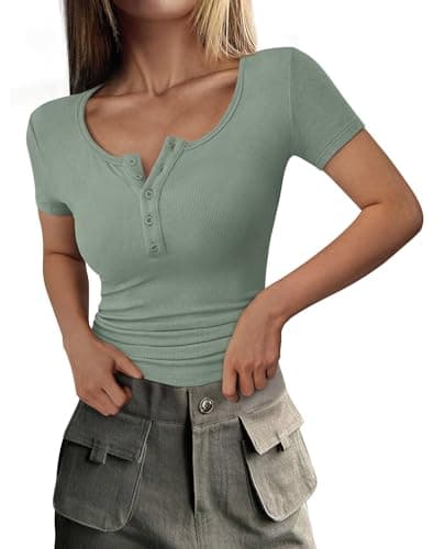 PRETTYGARDEN Women's 2026 Fall Summer Short Sleeve Tops Ribbed Henley Button Slim Fit Basic Casual T Shirts Blouse Clothing (Light Green,Large) - Image 1