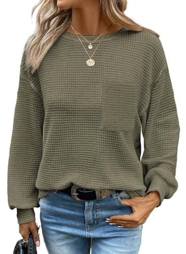 Dokotoo Women's Crewneck Long Sleeve Waffle Tops - Summer/Spring Fashion Trendy Business Casual T-Shirts - Moss Green - Image 1