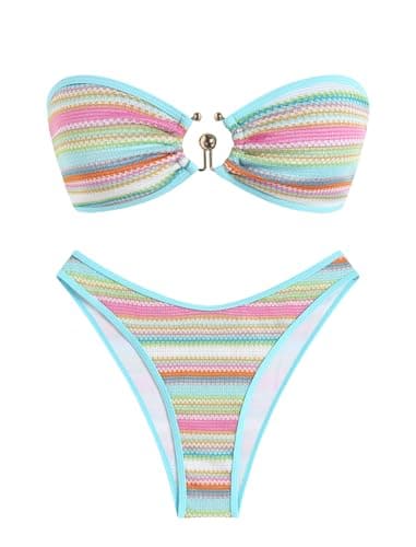 ZAFUL Women's Bandeau Bikini Sets Crochet Boho Stripe Bathing Suit for Women Bandeau Swim Top for Summer Party (Stripe Sky Blue XS) - Image 1