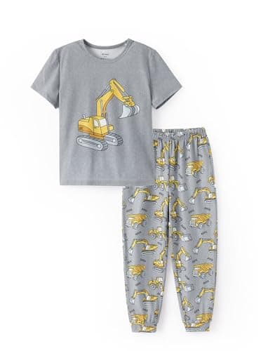 PATPAT Pajamas Sets for Kids Short Sleeve Tops and Pants Pjs Soft Graphic 2 Piece Sleepwear Boys Loose Summer Lounge Wear Light Dark Grey Excavator 12 Years - Image 1