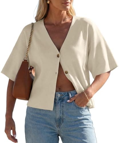 GRECERELLE Lightweight Short Sleeve Cardigan for Women - Button Front V-Neck Summer Knit Sweaterfor Office and Casual Wear, Apricot, L - Image 1