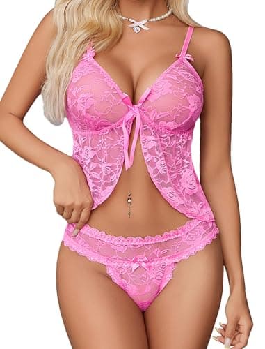Avidlove Womens Lingerie Pajama Sets for Women Sexy Lace Lingerie Open Front Camisole Underwear Pink S - Image 1