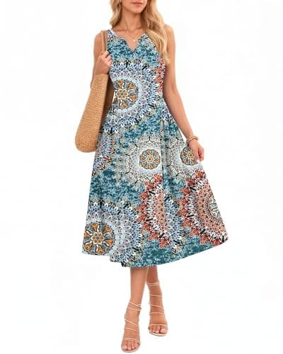 MISFAY Women's Summer Maxi Dress 2026 Sleeveless V Neck Casual Loose Long Beach Sundress Travel Vacation Outfits (Print Green,XL) - Image 1