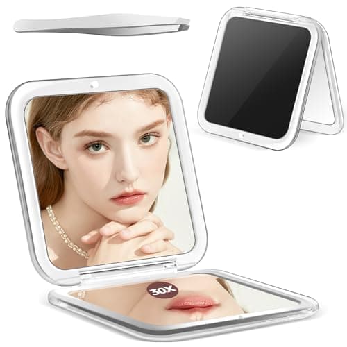 MIYADIVA Compact Mirror, 30X Magnifying Mirror, Pocket Mirror for Purse, Travel Makeup Mirror with 30X/1X Magnification, Travel Essentials Mirrors, Precision Tweezers, Present for Girls - Image 1