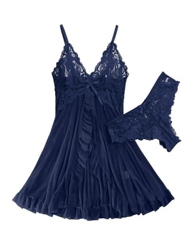FAMIHAO Women Sexy Lingerie Open Front Ruffle Sheer Mesh Floral Lace Babydoll Dress with Thong,NavyBlue L