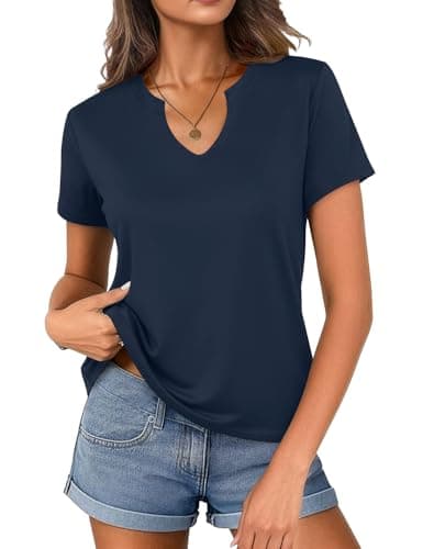 Women's V Neck Cotton T-Shirts Breathable Short Sleeve Tops Lightweight Stretch Summer Tees (Navy Blue,Small) - Image 1