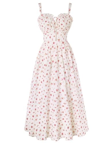 Summer Corset Dress for Women 2026 Floral Milkmaid Sundress Midi Tea Party Dress White Pink Floral 2XL - Image 1