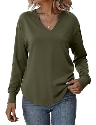 Totatuit Sweatshirts for Women V Neck Long Sleeve Shirts Loose Lightweight Curved Hem Casual Pullover Tops 2025 Fall Army Large - Image 1