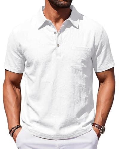TRFIC Mens Polo Shirts Short Sleeve Golf Shirts for Men Linen Casual Summer Classic Collar Shirts with Pocket White - Image 1