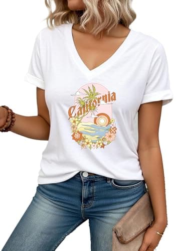 AiMgFUN Women's 2025 Summer Graphic T Shirts,Stylish Short Sleeve Tee, Printed Casual Top,V Neck California White-XL - Image 1