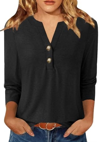 GKBK Womens Tops 3/4 Length Sleeve V Neck Button Down Raglan T Shirts Business Casual Work Basic Tees Workout Summer Fall Trendy Cute 2026 Dressy Casual Clothes Ladies Blouses School Outfits Black L - Image 1