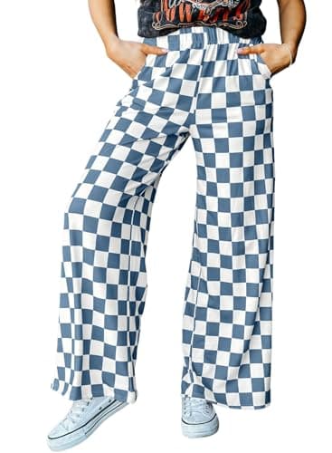 IWOLLENCE Women's Wide Leg Pants Casual Loose High Waist Checkered Loungewear Teen's Gingham Sweatpants Navy Blue White, 2XL - Image 1