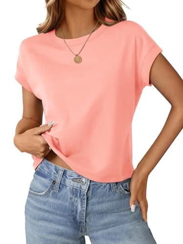 Womens Crop Tops Cap Sleeve T Shirts Cotton Crewneck Loose Fit Trendy Short Sleeve Tops for Women 2026 Coral - Image 1