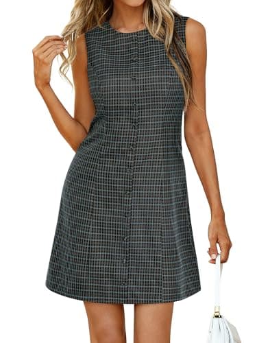 BTFBM Womens Summer Dress 2026 Spring Plaid Crew Neck Sleeveless Button Bodycon Mini Vintage Business Casual Dresses(Dusty Blue, XX-Large) - Image 1