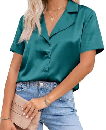Cicy Bell Womens Summer Satin Button Down Shirts Silk Short Sleeve V Neck Casual Dressy Tops Loose Fit Collared Work Blouse Dark Green - Image 1