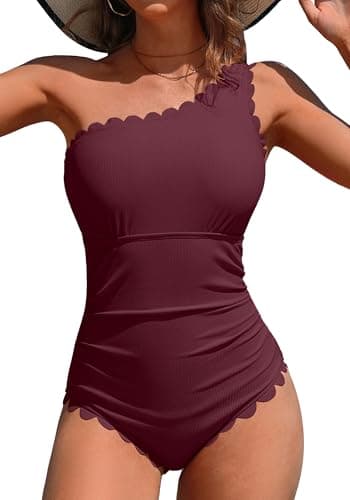 Charmo Bathing Suit for Women Tummy Control One Shoulder One Piece Swimsuit Women Scalloped Swim Suits Women Burgundy L - Image 1