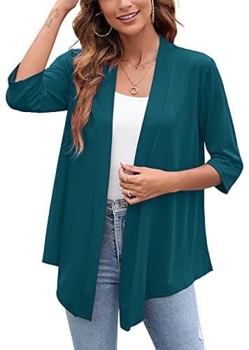 Heymoments Cardigan for Women Lake Blue Large Draped Open-Front 3/4 Sleeve Lightweight Casual Soft Drape Summer Fall Kimonos Cardigans - Image 1