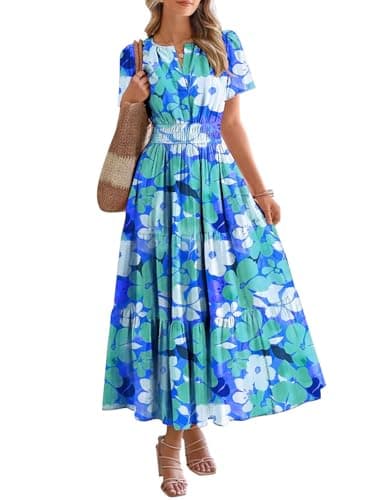 BTFBM Womens Summer Floral Maxi Dresses V Neck Short Sleeve Boho Casual Flowy Long Wedding Guest Dress Beach Vacation(Floral Blue Green, Medium) - Image 1