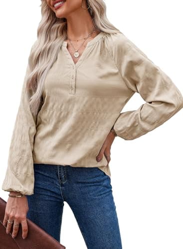 Dokotoo Button Down Shirts for Women Casual V Neck Tops Solid Color Textured Tshirts Loose Fit Spring Outfits for Women 2026 Trendy Beige Tees Blouses Large - Image 1