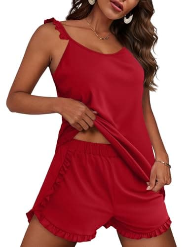 JUSTFASHIONNOW Pajama Shorts Set for Women Summer Cute Cami Pajama Sets 2 Piece Ruffle Lingerie Sleeveless Casual Tank Top and Shorts Sexy Camisole Pjs Soft Sleepwear (Red, Large) - Image 1