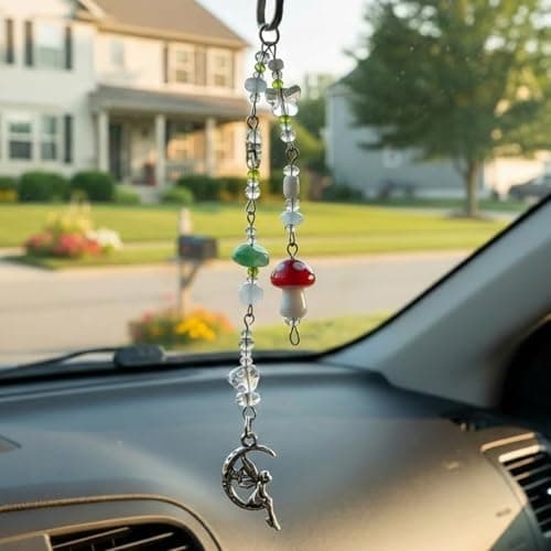 Mushroom Car Accessories for Women Cute Mushroom Car Hanging Ornament Boho Rear View Mirror Accessories Interior Car Decor Bag Charms Gifts for Women Girls (Red)