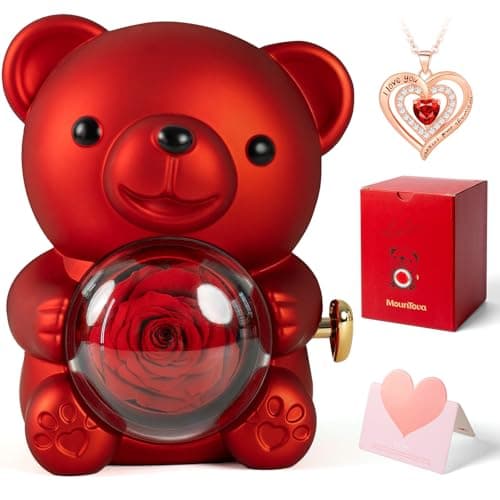 mountova Teddy Bear with Preserved Rose Flower in Bear with Necklace and Box for Women Romantic Bear Roses Gifts for Valentines Mothers Day Anniversary Day Birthday (Red) - Image 1