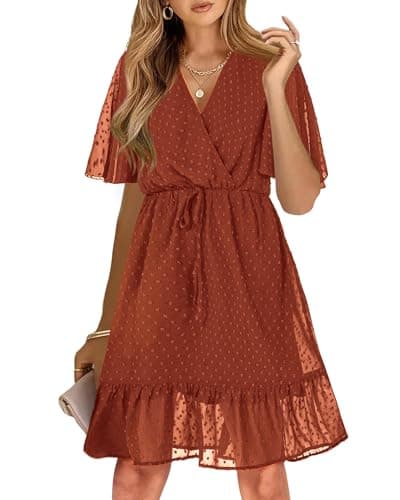 KIRUNDO Womens Summer Dresses 2026 Casual Spring Short Sleeve V Neck Ruffle Swiss Dot High Waist Belted Flowy Mini Dress(Style2-Brick Red, Medium) - Image 1