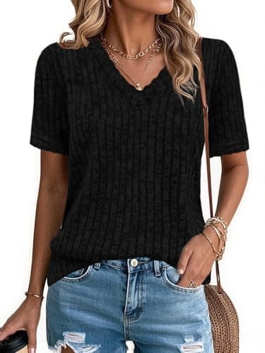 UEAL Short Sleeve Black Lightweight Summer Sweater Tops Blouses T Shirts for Women Medium Black - Image 1