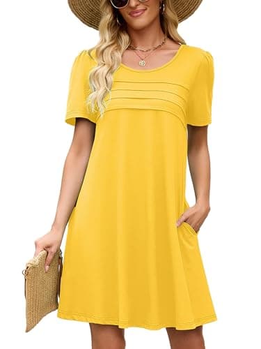 Heymoments Women's Short Sleeve Dress Yellow XX-Large Plus Size Crewneck Casual Flowy Above Knee Length Sundress Comfortable Shirt Work Summer Cheap Dresses with Pockets - Image 1