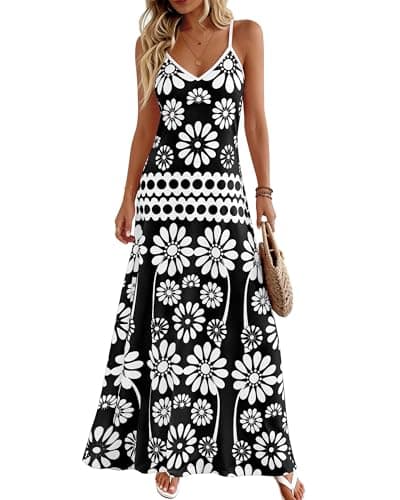 Zenlonr Womens Summer 2026 Wedding Guest Maxi Dresses Sphagetti Strap V Neck Floral Boho Long Dress Vacation(Black White Flower,Large) - Image 1