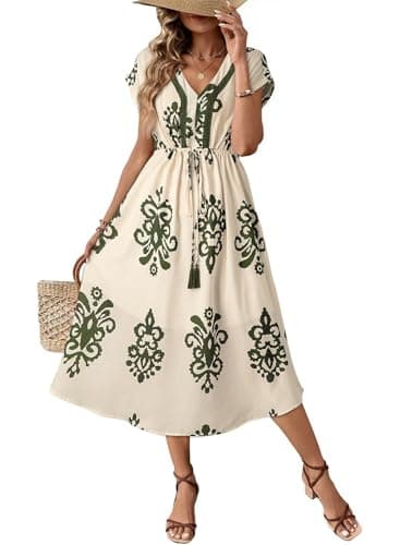 Dokotoo Floral Sundress for Women Drawstring Waist Flowy Daily Summer Dresses for Women Lightweight Summer Midi Dress Wedding Guest Dress Casual Vacation Outfits Resort Wear Apricot XL - Image 1