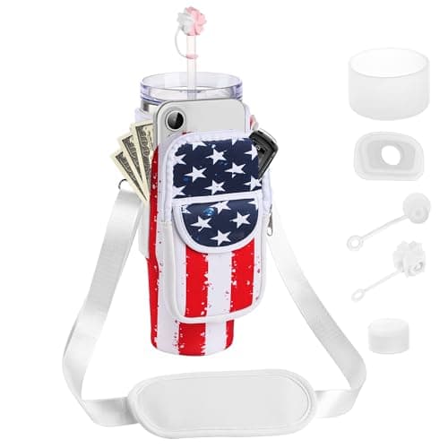 BOCMTR Water Bottle Holder with Strap for Stanley 30/40 oz Tumbler, Fashion Stanley Cup Bag with Big Phone Pocket, Silicone Boot, Straw Cover & Leak Proof Stoppers (U.S. Flag) - Image 1