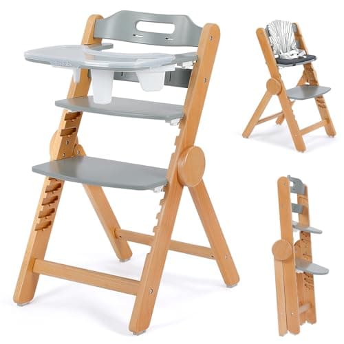 Ezebaby Wooden High Chair Grow with Your Child, Foldable Baby High Chair with Adjustable Seat and Footrest Heights, High Chair for Babies and Toddlers with Cushion and Large Double Layer Tray(Grey)