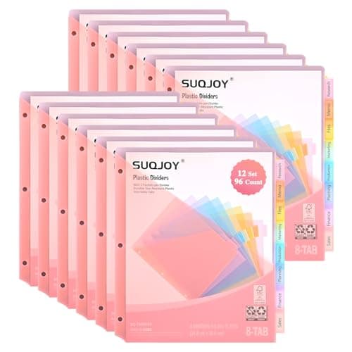 8-Tab Dividers for 3 Ring Binder, 96 Count Binder Dividers with Pockets, Subject Dividers, 3-Hole Plastics Sheets Protectors for US Letter Size in 0.5", 1",2" Binders, 8 Pastel Colors, 12 Packs - Image 1