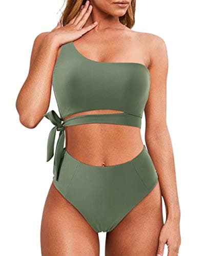 MOOSLOVER Women One Shoulder High Waisted Bikini Tie High Cut Two Piece Swimsuits(XL,Army Green) - Image 1