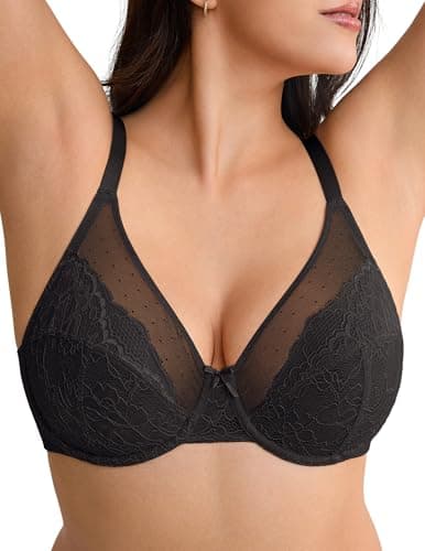 leviace Minimizer Bras for Women Supportive - Lifting Full Coverage Sexy Lace Unlined Underwire Plunge Comfortable Bra for Large Busted, Plus Size Bralette for Heavy Breasts, Black, 38DD