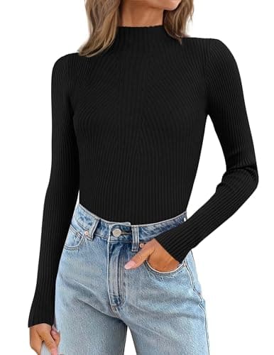 ATHMILE Women's 2026 Fall Long Sleeve Pullover Ribbed Knit Sweater Low Mock Neck Slim Fit Basic Casual Tee Tops Black - Image 1