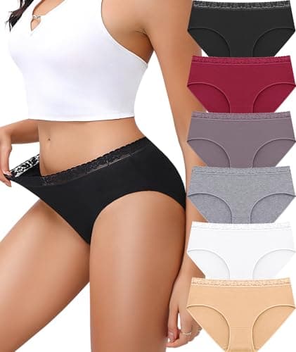 READY TO LOVE Cotton Underwear for Women 6 Pack Full Coverage Briefs Sexy Panties Lace Waistband Ladies Bikini Hipster - Image 1