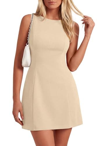 Okiwam Womens Summer Dresses Sleeveless Boat Neck A Line Mini Dress Elegant Business Cocktail Party 2026 Spring Clothes-S Beige - Image 1