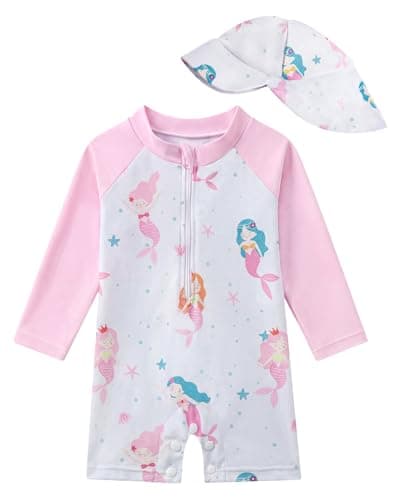 JiAmy Toddler Baby Girls Swimsuit with Sun Hat Long Sleeve Zipper Rash Guard Sun Protection Beach One Piece Bathing Suit Pink Mermaid 2-3 Years - Image 1
