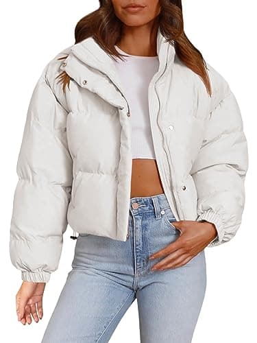 Imily Bela Womens Cropped Puffer Jackets Long Sleeve Stand Collar Coats Quilted Zipper Outerwear - Image 1