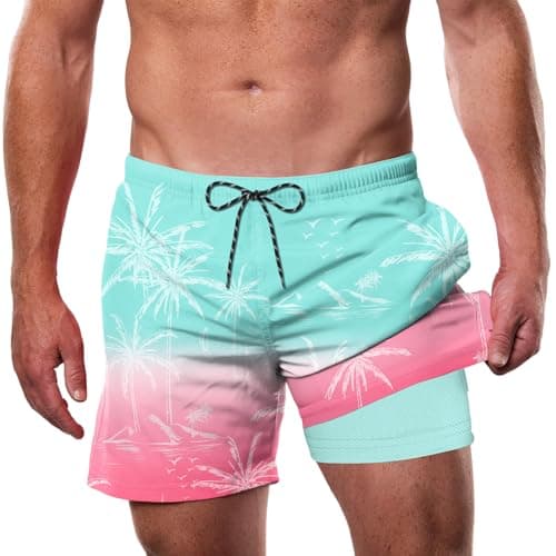 Cozople Mens Swim Trunks with Compression Liner 5.5" Gradient Pink Palm Tree 2 in 1 Swimwear Quick Dry Board Shorts Boxer Brief Inner with Phone Pocket Beach Vacation Birthday Party Park Picnics - Image 1