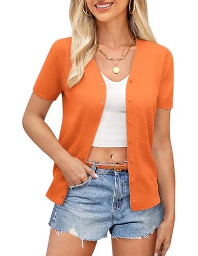 Womens Short Sleeve Sweaters Solid Summer Soft Cropped Cardigan V neck Button Down Sweater(Orange Short Sleeve,S) - Image 1
