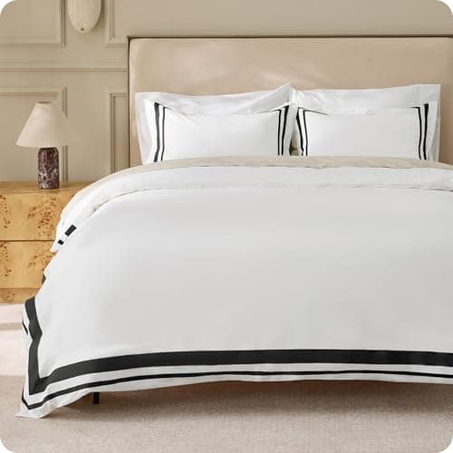 Bedsure 100% Cotton Duvet Cover Queen, Luxury Hotel Duvet Cover, White Comforter Cover with Black Frame, PureWoven Breathable & Lightweight Bedding Set for All Season, 3 Pieces, 90"x90" - Image 1