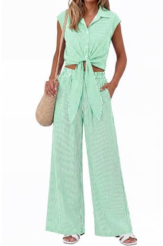 PRETTYGARDEN 2 Piece Sets For Women Summer Striped Button Down Tie Front Crop Tops Wide Leg Pants Floral Lounge Set 2026(Striped Green,Large) - Image 1