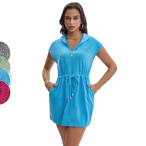 Navisting Terry Cloth Swim Cover Up for Women UPF 50+ Hooded Beach Swimsuits Cotton Robes Cover-up with Zipper Pockets Sun Protection Beach Swimwear Cobalt Blue XL - Image 1