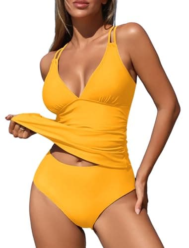 ZAFUL Tankini Swimsuits for Women 2026 Two Piece Swimsuits High Waisted Bathing Suit Solid Color Push Up Swim Top for Women Summer Party (Yellow XL) - Image 1