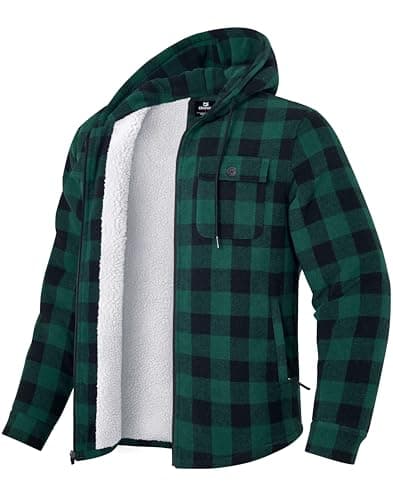 Men's Flannel Jacket Fleece Sherpa Lined Hoodies Zip Up Plaid Shirt Warm Winter Jackets for Men with Zipper Pockets(Black Green,XL) - Image 1