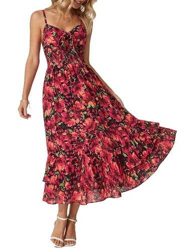GRACE KARIN Women's Summer Floral Maxi Dress Spaghetti Strap A Line Beach Boho Dresses Ruffle Tiered Casual Dress Black Red M - Image 1