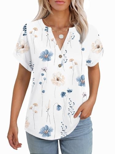 GKBK Womens Short Sleeve Henley Tops V Neck Dressy Casual Blouses Western Summer Trendy Outfits Tee Shirts 2026 Vacation Fashion Clothes White Floral S - Image 1
